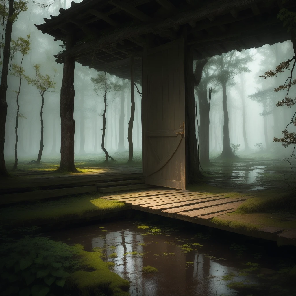 title: 暗くDilapidated森の避難所の説明:
Imagine something strange, Deep forest at dusk. 厚い樹冠teeth日光をほとんど通さない, Casts eerie shadows on the overgrown forest floor. This rough々Shii々In this strange and eerie landscape, Dilapidated, 曲がりくねったwood々An abandoned hut is hiding. That dark, 風化したwood造建築物は忘れ去られた時代の物語を語る. The window is broken, ドアteeth半開き, Revealing the dark emptiness within. Around the hut, Ancient, 節くれだったwood々teeth、Its branches spread out as if guarding a secret hidden in an abandoned dwelling..。. 森の床にteeth落ち葉が散らばっている, wood々There is a thin mist over々Flowing, shroud the scene in a veil of mystery.

When the sky darkens with ominous clouds, A soft drizzle begins to fall, The rhythmic rustling of hut roofs and leaves. 雨teeth次第に強くなる, The eerie silence of the forest brought to life. Each drop creates ripples in a small puddle on the muddy ground... このシーンteeth暗くも魅惑的な美しさが融合している, nature&#39;A quest to recapture what humanity once touched.

Let the fine details like the rough texture of the bark, Wet leaves shining in the soft evening light, Raindrops slide gently off the leaves, An eerie silence hangs over the abandoned hut, Evokes a sense of melancholy and poetic loneliness. Aim for realistic rendering with careful attention to lighting, texture, In a forgotten haven in the middle of a dark forest、An unforgettable and enchanting atmosphere、It captures the essence of.