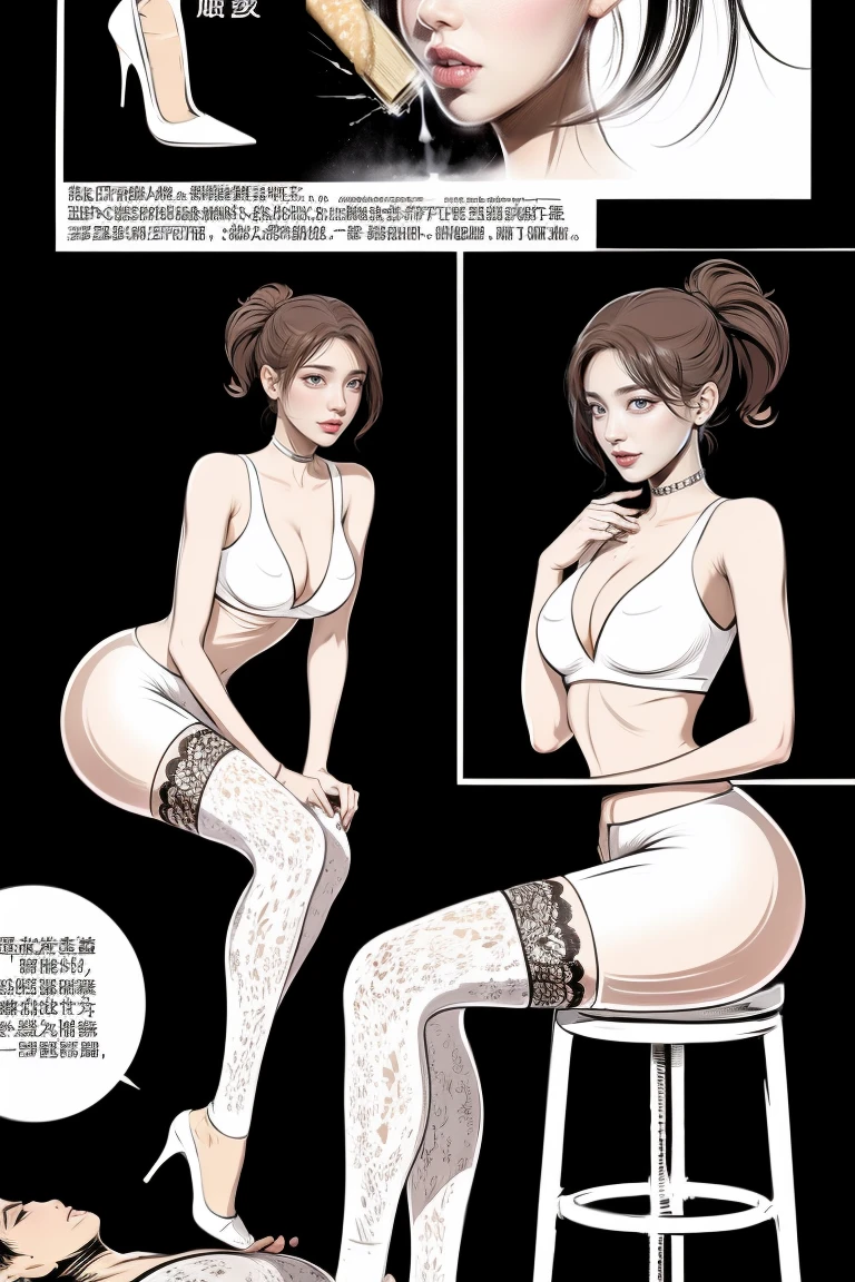 The beautiful girl in lace top and leggings is sitting astride a pile of skeletons in the center of the picture. She is holding a trembling sausage with juice squeezed out in her hand and smiling. There are multiple comic storyboards in the background,cbt, sausage bondage,sausage insertion,Sexy, trampling sausage with high heels heel,(masterpiece, best quality:1.2),1 beautiful girl,sexy,comic storyboard:2, leggings, sit astride, axially symmetrical:2, ,femdom,sounding,cbt,hold,smile,colorful,leggings,thin gap,cameltoe,insertion,trembling,juice,spray, Long hair,Lace top,Sexy, Shiny leggings, High heel,cleveage, trampling, in forest, saliva , Mucus,
