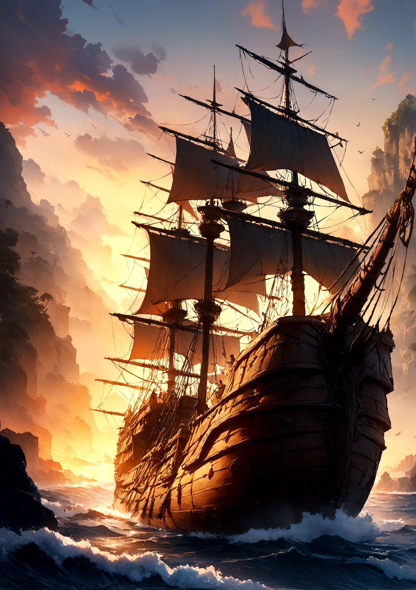 (8K,Highest quality, Ultra-high resolution:1.5, masterpiece:1.3),(8K,Highest quality, Ultra-high resolution:1.5, masterpiece:1.3),A picture of a ship floating on the sea with the sunset as the background, Concept Art:Yang J, Artstation Contest Winner, Fantasy art, Awesome Wallpapers, on a pirate ship background, old pirate ship, Detailed painting 4k, Beautiful artwork illustration, sailboat, Ships at sea, Ships with sails, Highly detailed digital art in 4K, pirate ship
