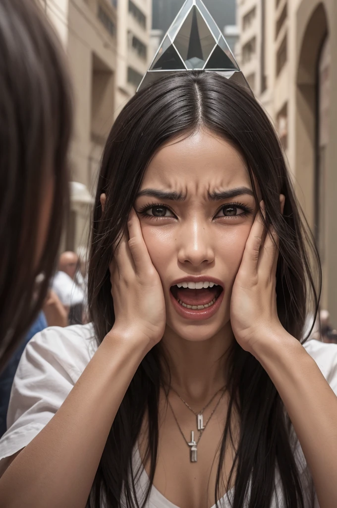 A loud sound that makes people put their hands over their ears and bleed from their teeth, com olhos fechados, sangue, em uma cidade. Com passaros voando assustados e uma piramide do mal sorrindo.