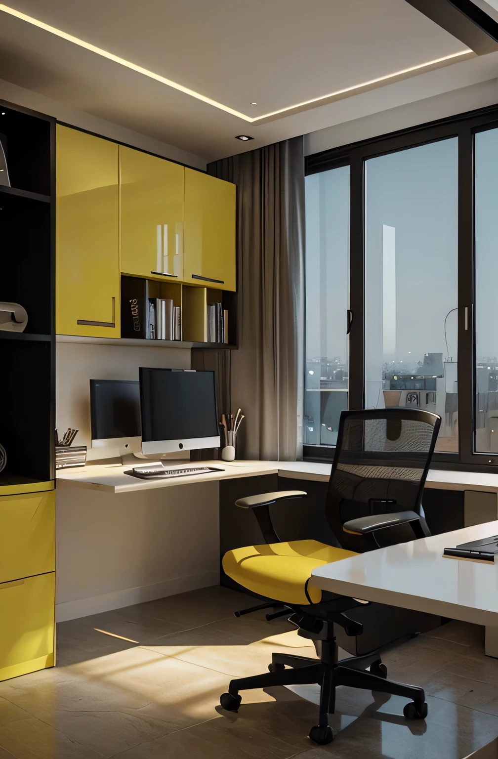 Professional 3d architecture rendering design of modern and French design for  office with black and light yellow color 