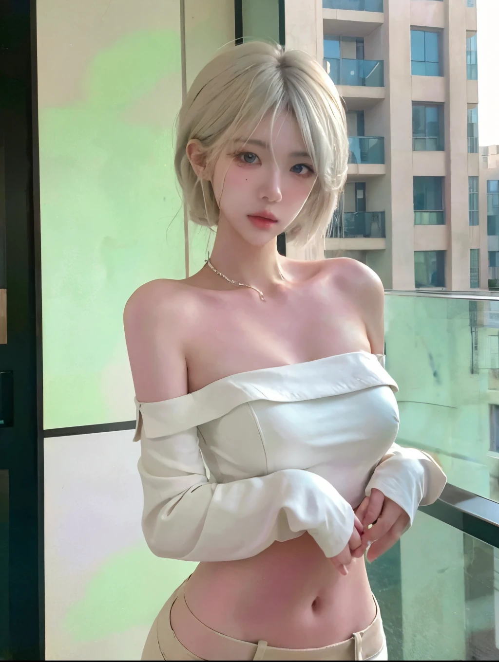 Beautiful woman with perfect figure:1.4,Layered hairstyle,White skin,Prominent cleavage,Bikini:1.5,Super short pleated skirt,whole body,Very delicate facial and skin texture,Double eyelids,Skin Whitening,Long white hair