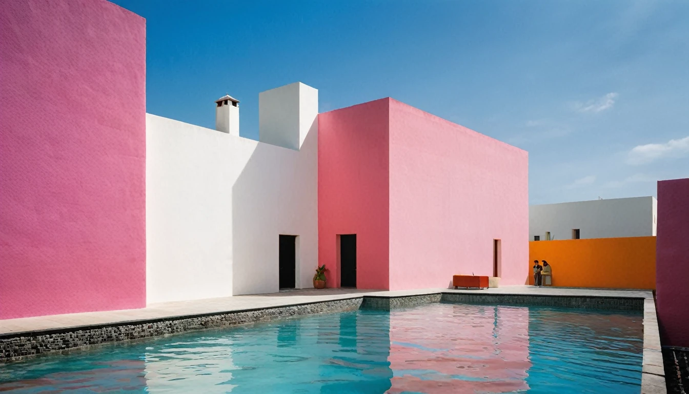 Amidst vibrant, colorful walls and dancing water, Luis Barragán's architecture stands as a testament to how minimalism can be embraced without losing the soul of the people. In this photograph, the striking hues of the walls create a harmonious contrast with the fluidity of the water. The minimalist design is highlighted by the open spaces and clean lines, while the cultural essence is preserved through the incorporation of local materials and elements. The combination of these elements results in a space that is both modern and deeply rooted in tradition.