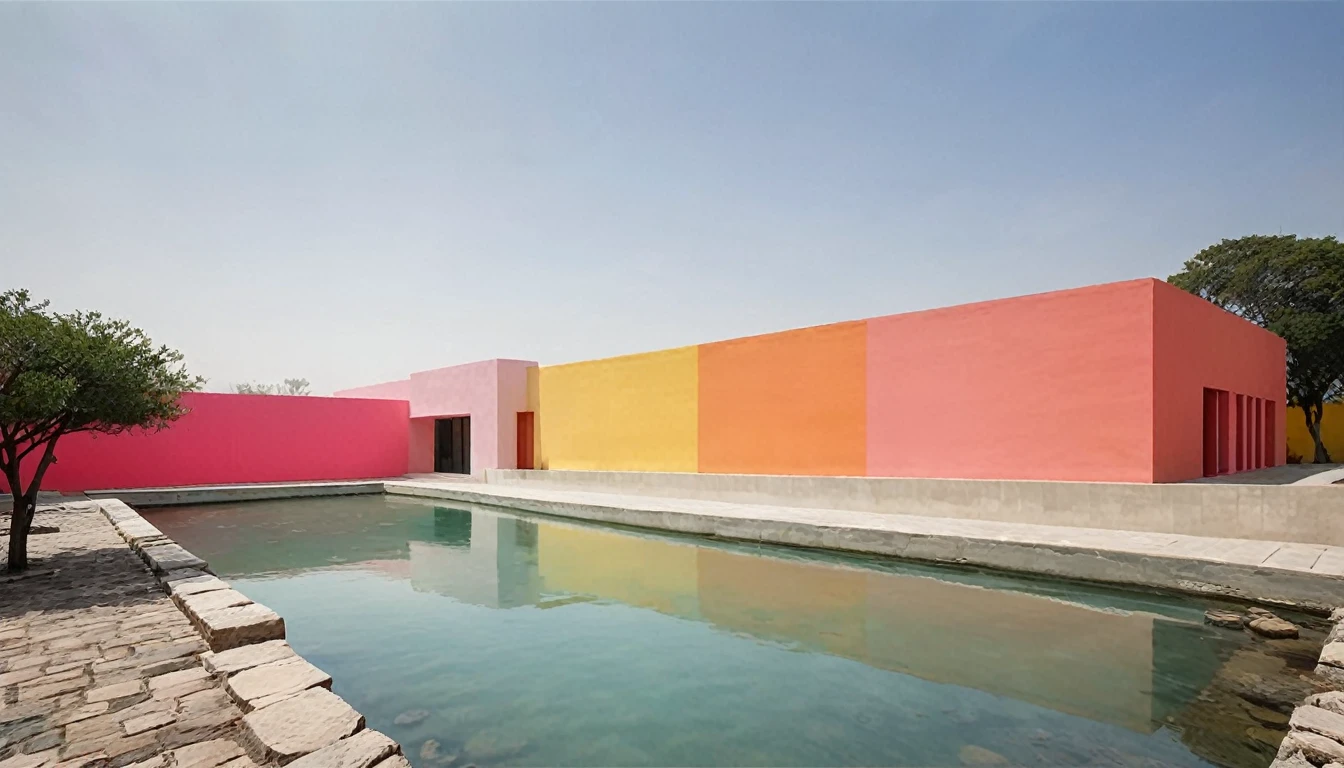 Amidst vibrant, colorful walls and dancing water, Luis Barragán's architecture stands as a testament to how minimalism can be embraced without losing the soul of the people. In this photograph, the striking hues of the walls create a harmonious contrast with the fluidity of the water. The minimalist design is highlighted by the open spaces and clean lines, while the cultural essence is preserved through the incorporation of local materials and elements. The combination of these elements results in a space that is both modern and deeply rooted in tradition.