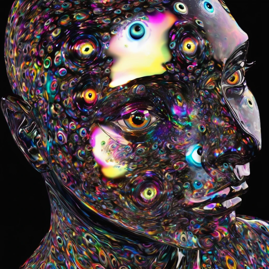 a distorted human head having detailed ((multiple count of eyeballs)) in a , cosmic watery dimension using crystal clear effect , ((wet effect)) , shimmering vibrant , blackpitch background using hd , 32k high resolution, clear grahpic , high quality image in 32k resolution.