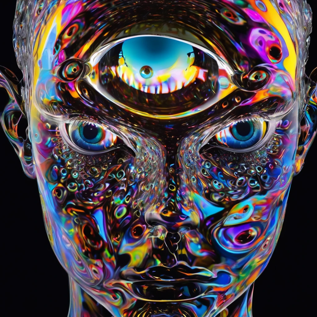 a distorted human head having detailed ((multiple count of eyeballs)) in a , cosmic watery dimension using crystal clear effect , ((wet effect)) , shimmering vibrant , blackpitch background using hd , 32k high resolution, clear grahpic , high quality image in 32k resolution.