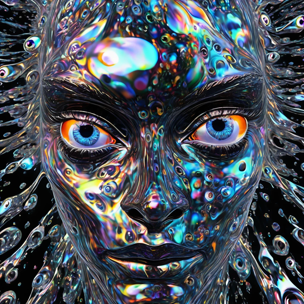 a distorted human head having detailed ((multiple count of eyeballs)) in a , cosmic watery dimension using crystal clear effect , ((wet effect)) , shimmering vibrant , blackpitch background using hd , 32k high resolution, clear grahpic , high quality image in 32k resolution.