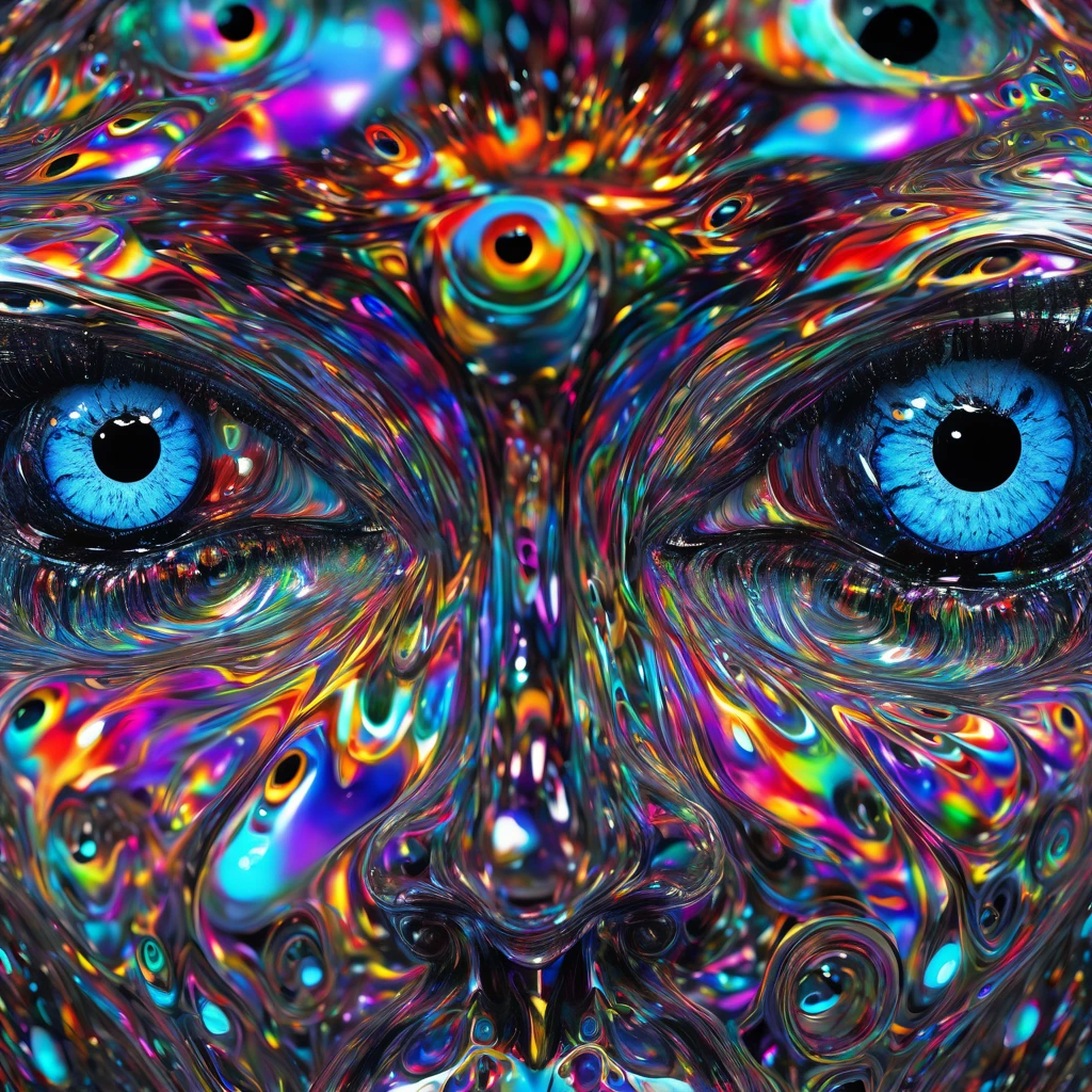 a distorted human head having detailed ((multiple count of eyeballs)) in a , cosmic watery dimension using crystal clear effect , ((wet effect)) , shimmering vibrant , blackpitch background using hd , 32k high resolution, clear grahpic , high quality image in 32k resolution.