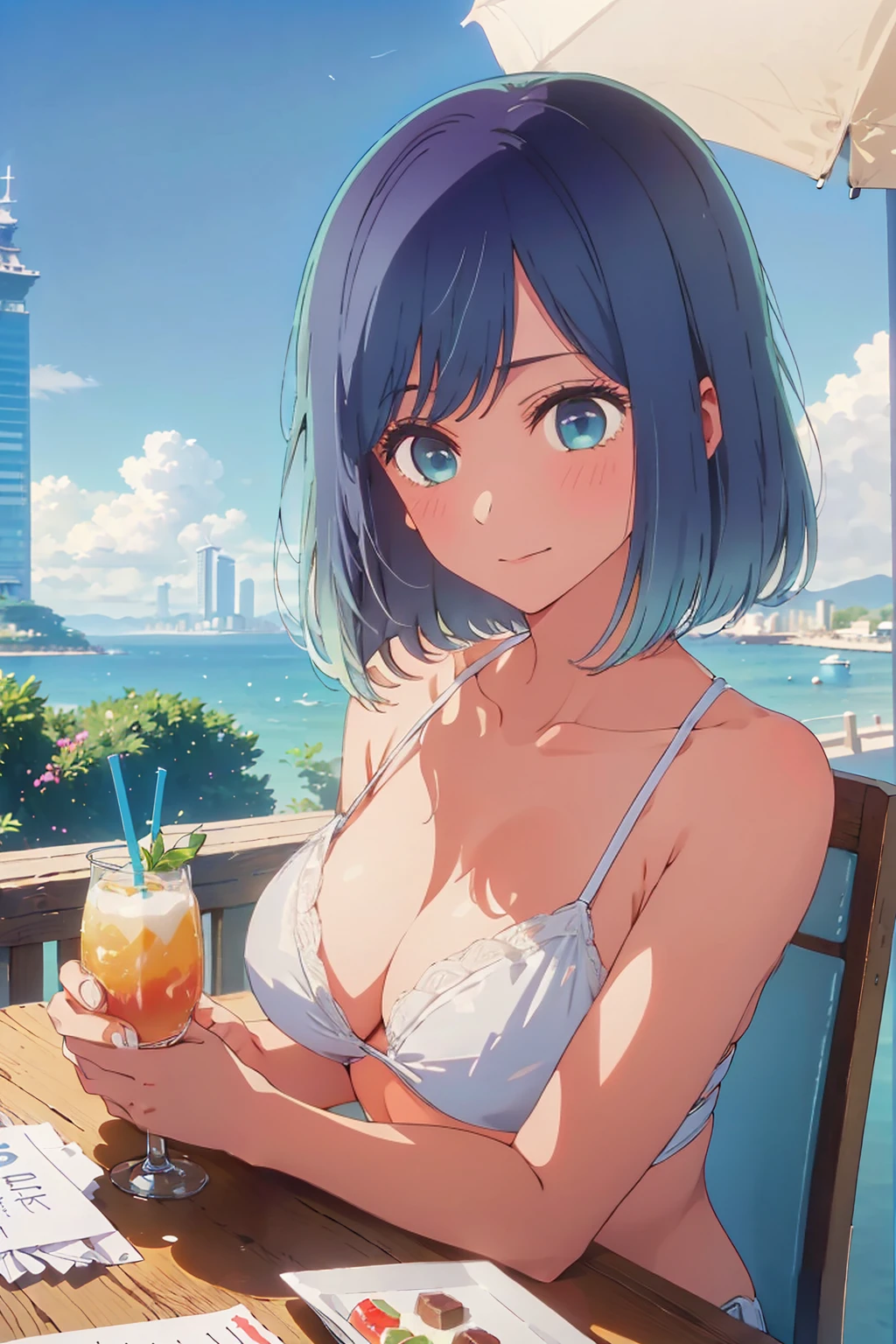 Highest quality,8k,detailed,F cup bust、Big Breasts、Very cute face、Slim and beautiful arms、Slim body、Very white beautiful skin、((((1 person、looking at the camera、From an angle、smile、Thin white bikini、smile、sit、In the background are the skyscrapers of Tokyo city、Outdoor café terrace、Drink juice、Cheek resting on hand、coastal、table、Shooting from a distance))))、I can see the deep blue sky、She tilted her head slightly、The atmosphere is bright and lively、The woman is at the center of the image。
