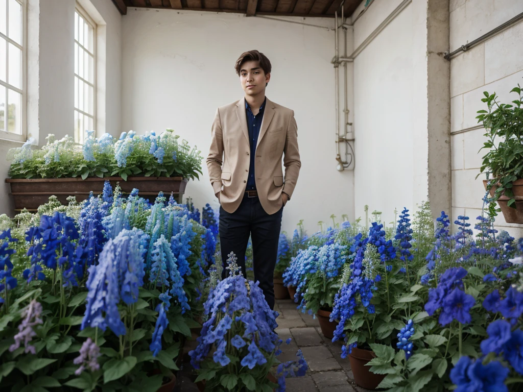 A young guy stands among delphiniums.