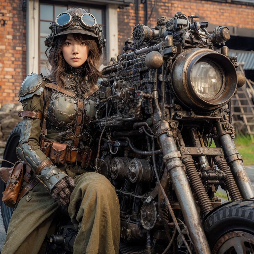 Dystopian night scene, very intricate details, Japanese woman wearing model-like armor, beautiful face, legs, cylinders that look like muscles, pose in motion, 8k, ultra high resolution, super realism, realistic photo, taken with Fuji film X-T30.+Nokton. HDR10