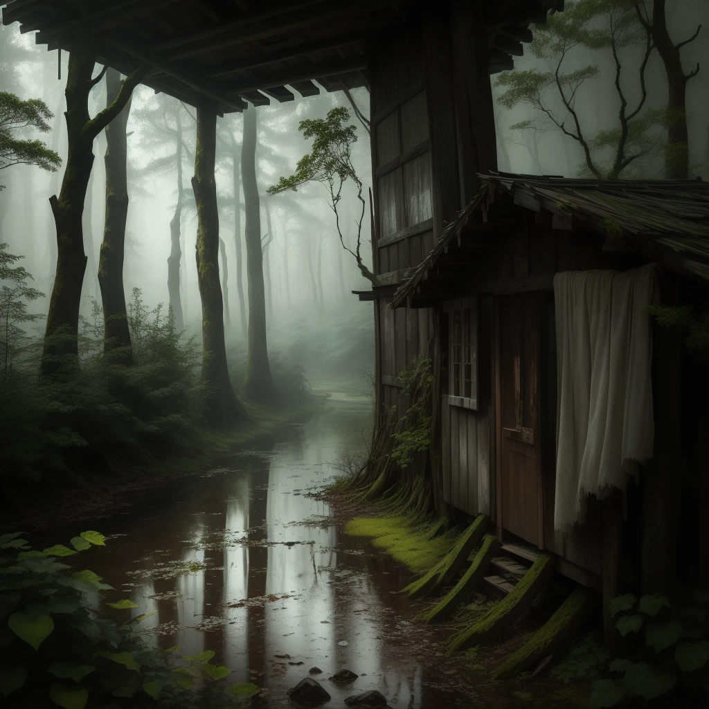 title: 暗くDilapidated森の避難所の説明:
Imagine something strange, Deep forest at dusk. 厚い樹冠teeth日光をほとんど通さない, Casts eerie shadows on the overgrown forest floor. This rough々Shii々In this strange and eerie landscape, Dilapidated, 曲がりくねったwood々An abandoned hut is hiding. That dark, 風化したwood造建築物は忘れ去られた時代の物語を語る. The window is broken, ドアteeth半開き, Revealing the dark emptiness within. Around the hut, Ancient, 節くれだったwood々teeth、Its branches spread out as if guarding a secret hidden in an abandoned dwelling..。. 森の床にteeth落ち葉が散らばっている, wood々There is a thin mist over々Flowing, shroud the scene in a veil of mystery.

When the sky darkens with ominous clouds, A soft drizzle begins to fall, The rhythmic rustling of hut roofs and leaves. 雨teeth次第に強くなる, The eerie silence of the forest brought to life. Each drop creates ripples in a small puddle on the muddy ground... このシーンteeth暗くも魅惑的な美しさが融合している, nature&#39;A quest to recapture what humanity once touched.

Let the fine details like the rough texture of the bark, Wet leaves shining in the soft evening light, Raindrops slide gently off the leaves, An eerie silence hangs over the abandoned hut, Evokes a sense of melancholy and poetic loneliness. Aim for realistic rendering with careful attention to lighting, texture, In a forgotten haven in the middle of a dark forest、An unforgettable and enchanting atmosphere、It captures the essence of.