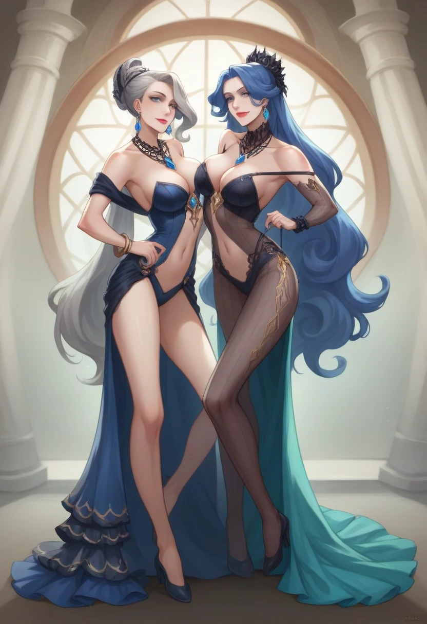 A full-body photo-realistic image of a stunningly beautiful American woman in her 30s with semi-long hair. She has an aura of powerful divination. She wears opulent, elegant attire suitable for a fortune-teller, with a sophisticated design that reveals parts of her skin. Her outfit exudes grandeur and mystery. She is adorned with high-quality, magical-looking necklace, earrings, and bracelet. She has a warm, friendly smile with large, symmetrical eyes and a wide, appealing mouth. Her features are exceptionally attractive. The background shows the interior of a luxurious fortune-teller's parlor.