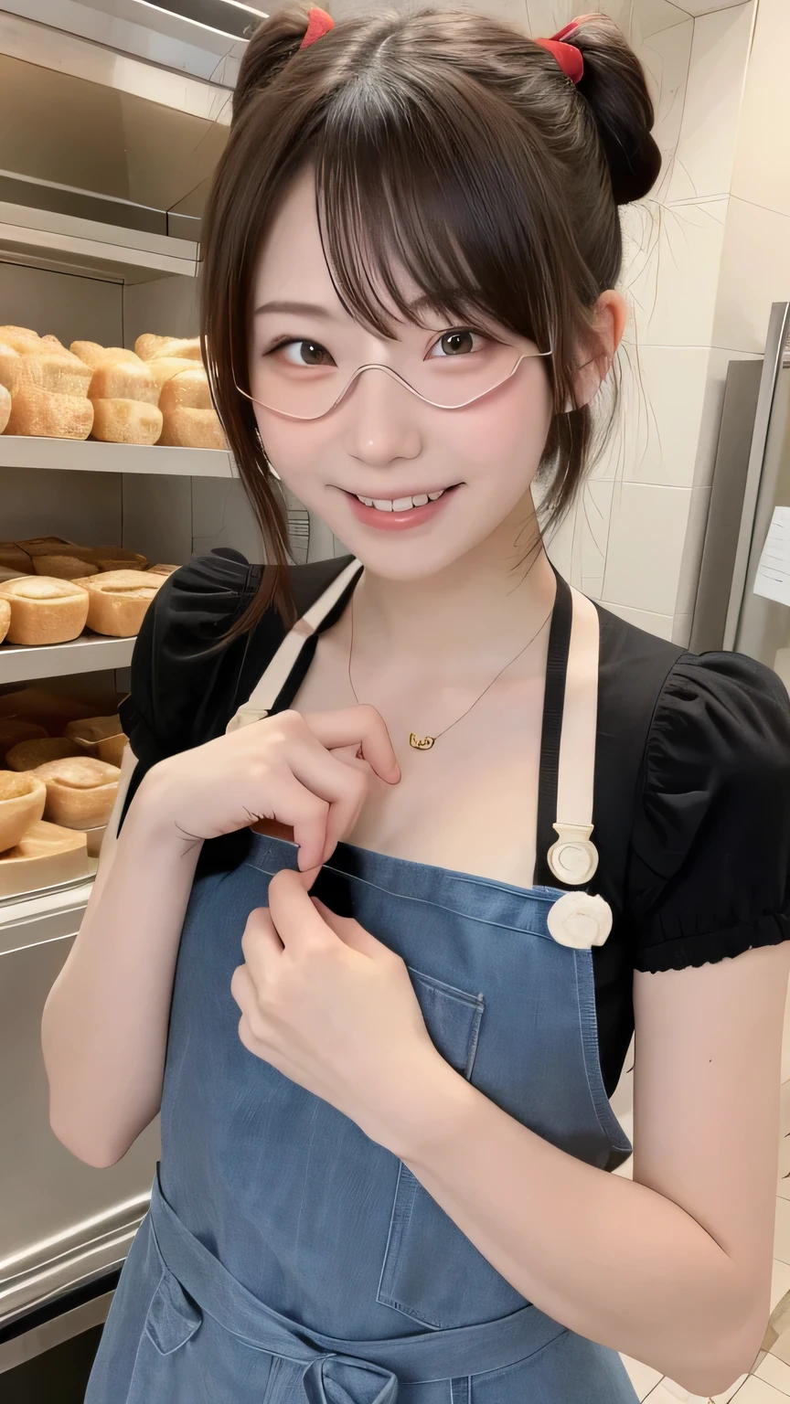 closeup shot , Best picture quality (8K, high resolution, Masterpiece: 1.2), super detailed,  215 Short Hair, 16-year-old woman, 

situation: 「Kiki&#39;s Delivery Service」A set that recreates a bakery、A scene where she sells bread like Kiki。
clothing: Kiki Cosplay（Black dress、Red ribbon、apron）。Hair tied up in a ribbon like Kiki。(Wearing an eye patch:1.4)
angle: Bakery counter in the background、A wide-angle shot of someone holding bread。The scene where bread is handed to the customer、Close up of smiling face。Capture people immersed in the world of Ghibli characters。

Close-up of face 

, random cute pose ,big eyes ,Puffy eyes ,  Heart Pupil, blush  , huge shy smile , salute
