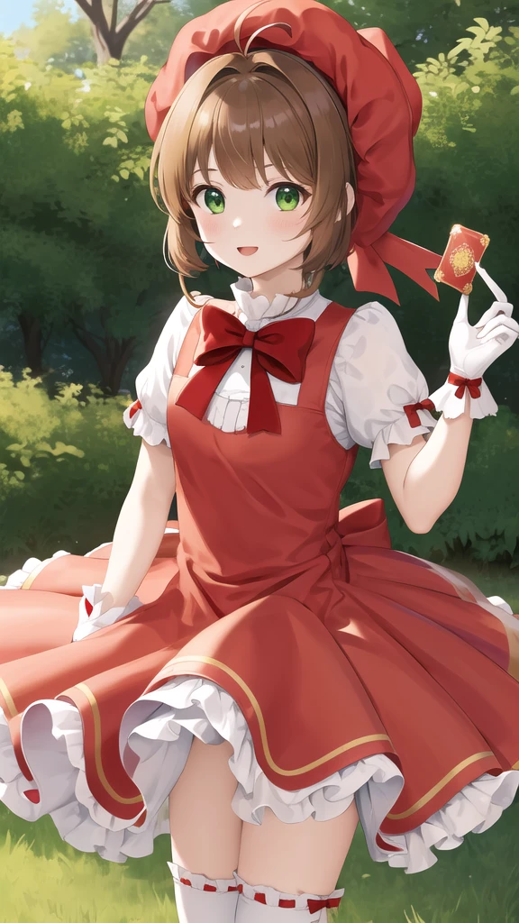 masterpiece, best quality, highres, kinomoto sakura, 1girl, brown hair, short hair, antenna hair, red headwear, green eyes, frills, red dress, puffy short sleeves, white gloves, red bow, white thighhighs, wings, standing, holding card