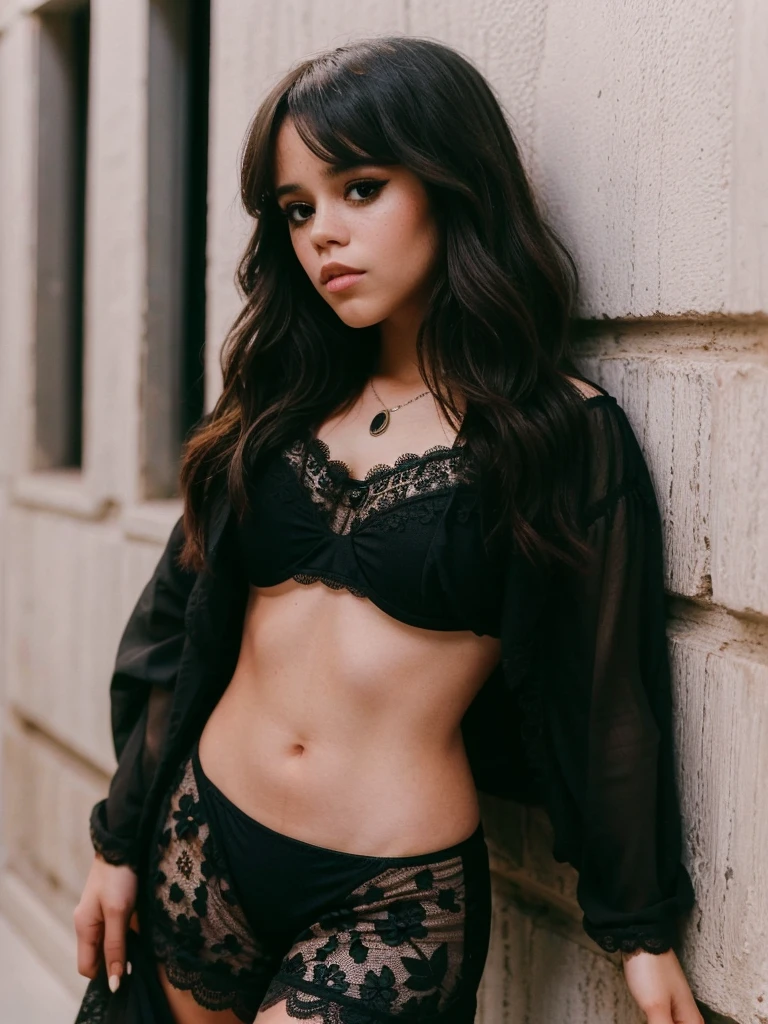jenna_ortega wearing black lace panties, long hair, eyeliner,
upper body, solid wall background,