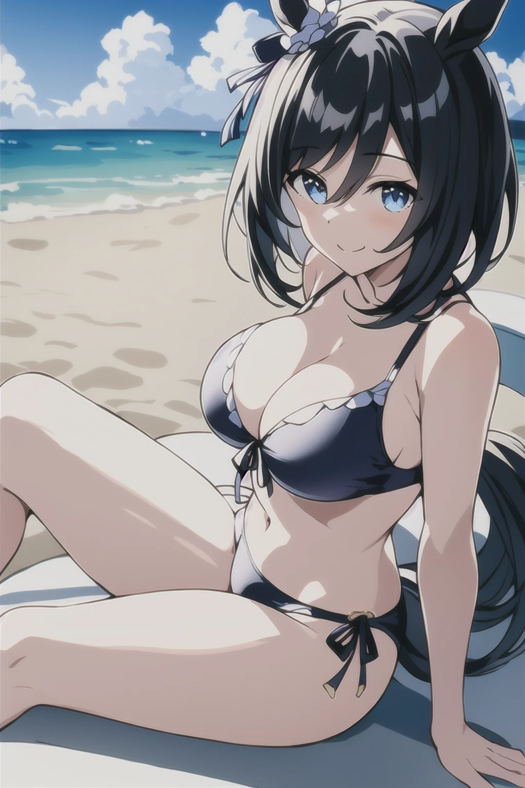 Highest quality,masterpiece, High resolution,original, Beautiful fine details,Super detailed, Eishin Flash \(umamusume\), Swimwear, bikini, 黒色のbikini, Light of the sun, Large Breasts, Cleavage, Top view, One girl, alone, Black Hair, (Horse tail), smile, smile, Sitting, Sandy Beach, Beach