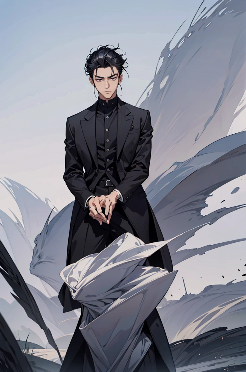 A 25 yeard old mysterious asian man who exudes powerful black aura, wearing jacket. with slightly tousled hair and a sharp gaze. His eyes looked dark, adding to the mysterious and authoritative impression he exuded.