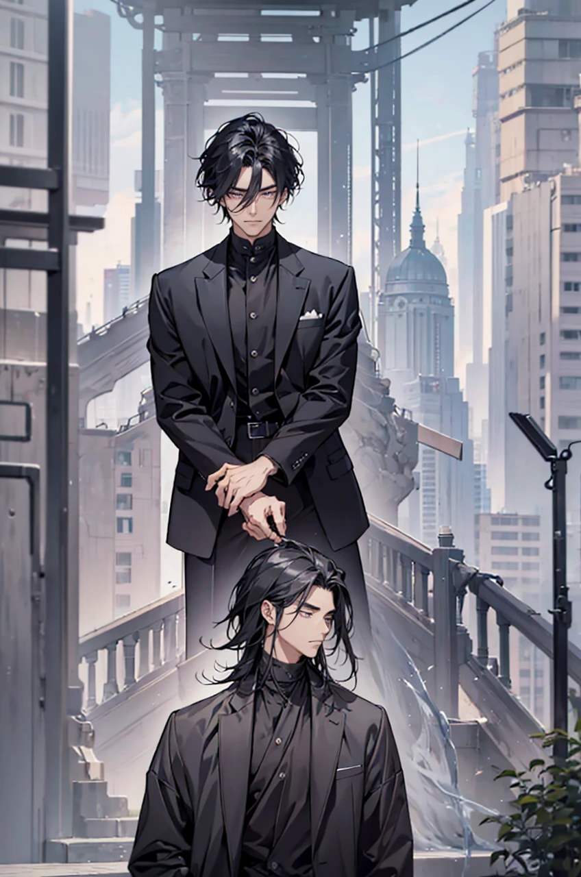 A 25 yeard old mysterious asian man who exudes powerful black aura, wearing jacket. with slightly tousled hair and a sharp gaze. His eyes looked dark, adding to the mysterious and authoritative impression he exuded.