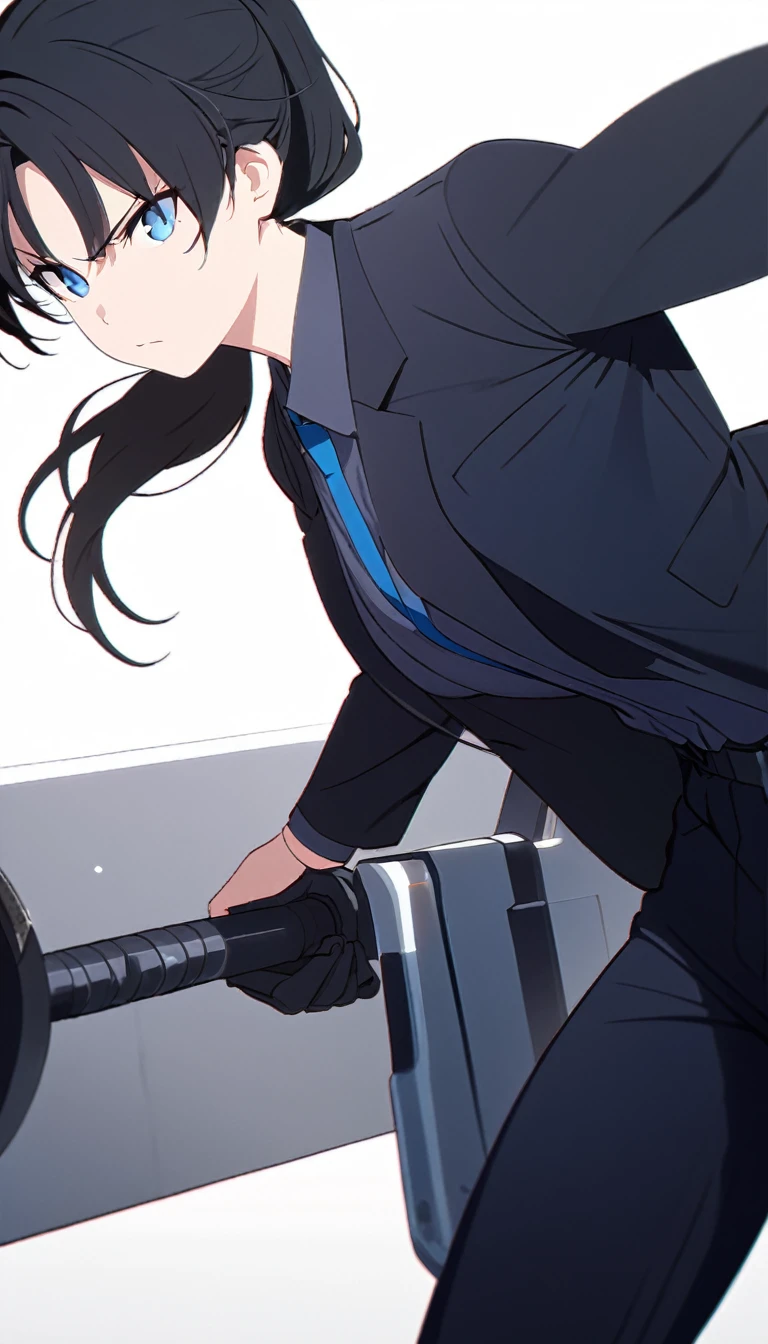 (masterpiece, high quality, best quality, highres,) One Woman, young, black hair, ponytail, Blue Eyes, Athletic build, determined, closed mouth, shirt, Black suit, Simple, white background, Are standing, cowboy shot, shoot from front
