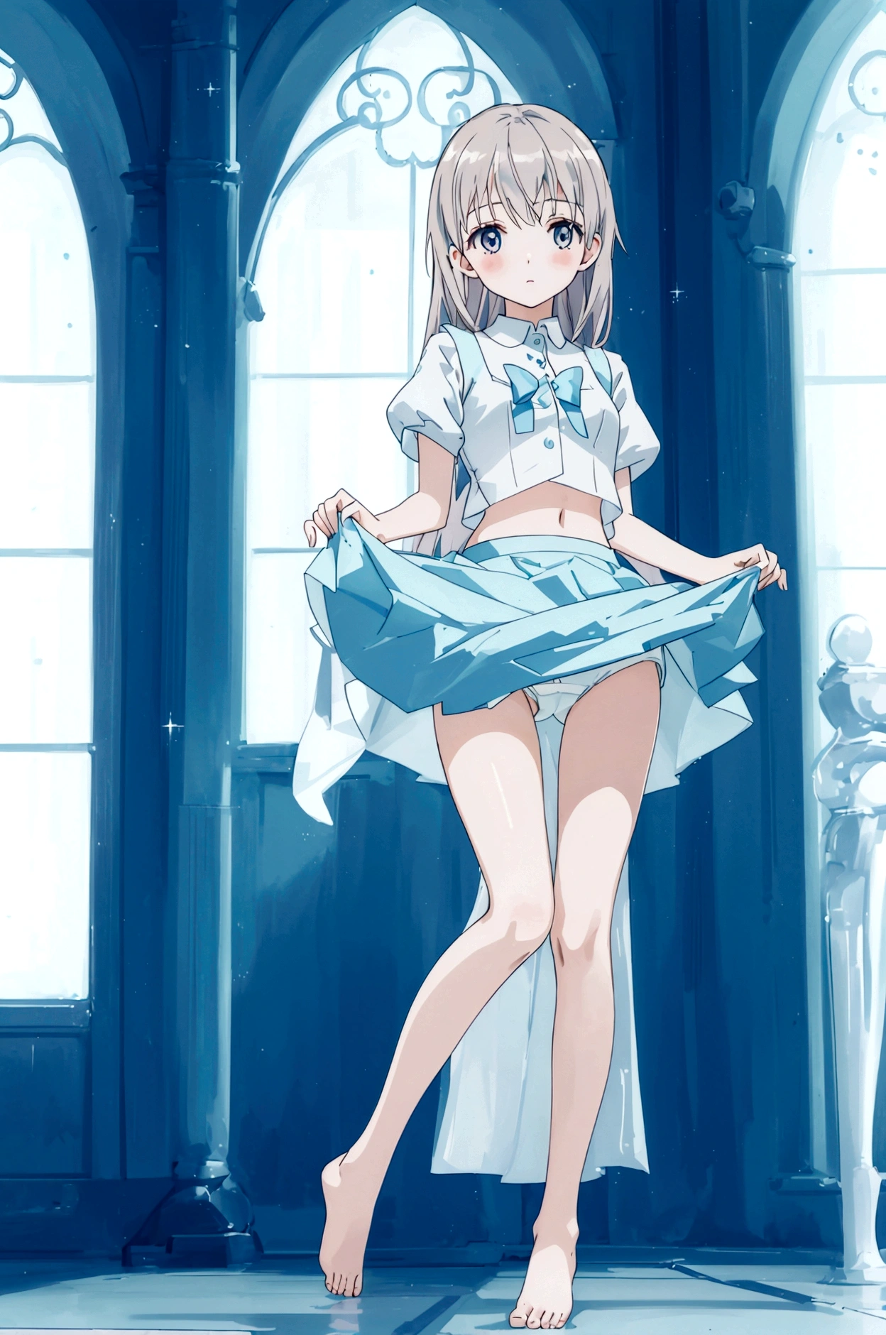 Three sisters of different heights、A cute white blouse with a cute light blue bra showing through it、Cute pink flared mini skirt、A cute light blue underwear that can be seen when you lift up your skirt、barefoot、In the pool