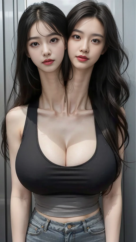 a young korean woman, (loose thick hair, untied hair), gray tank top, massive breasts, cleavage, conjoined, (longneck:1.5)