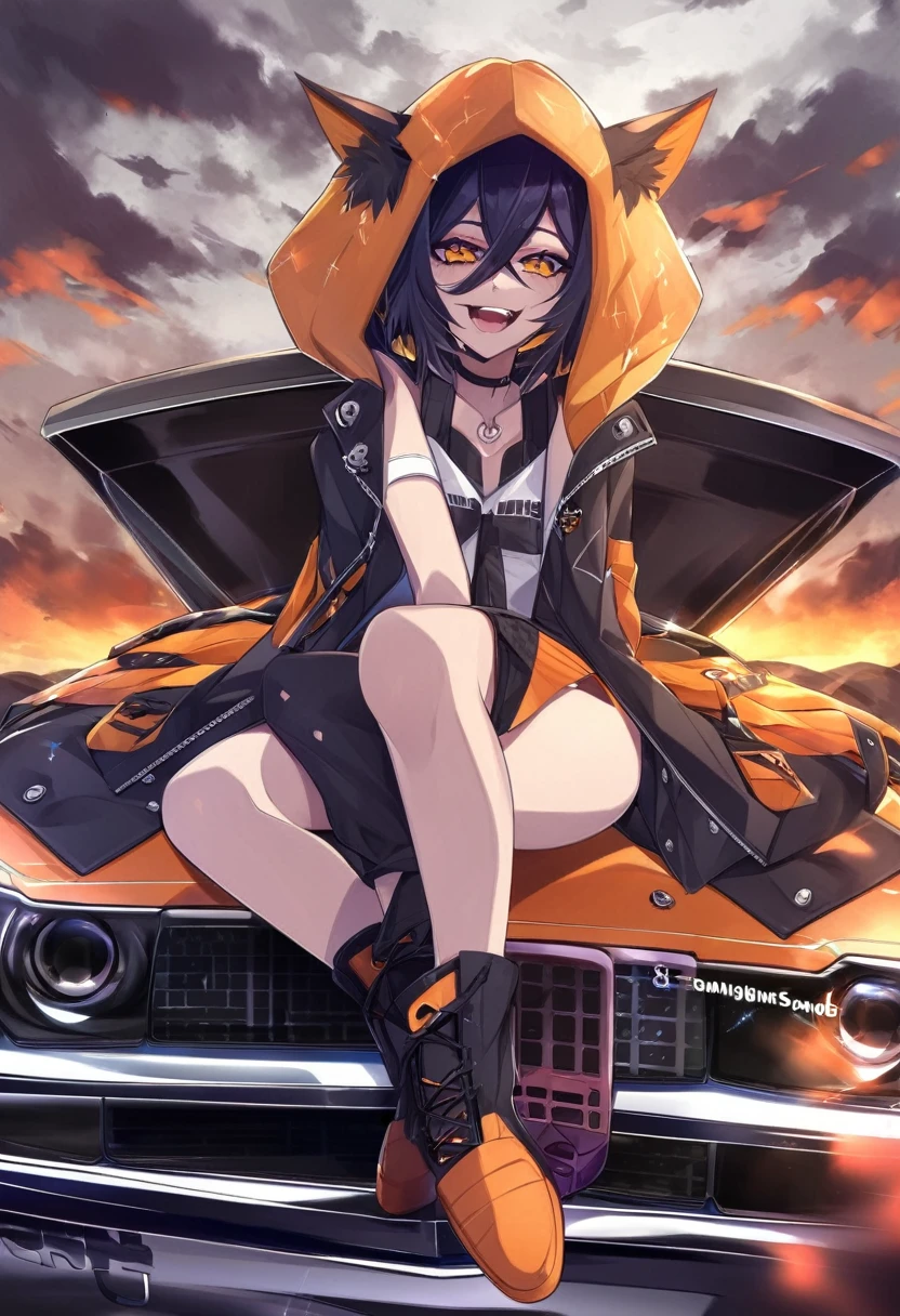 Vtuber hellhound sinder, sitting on the hood of a dodge challenger hellhound