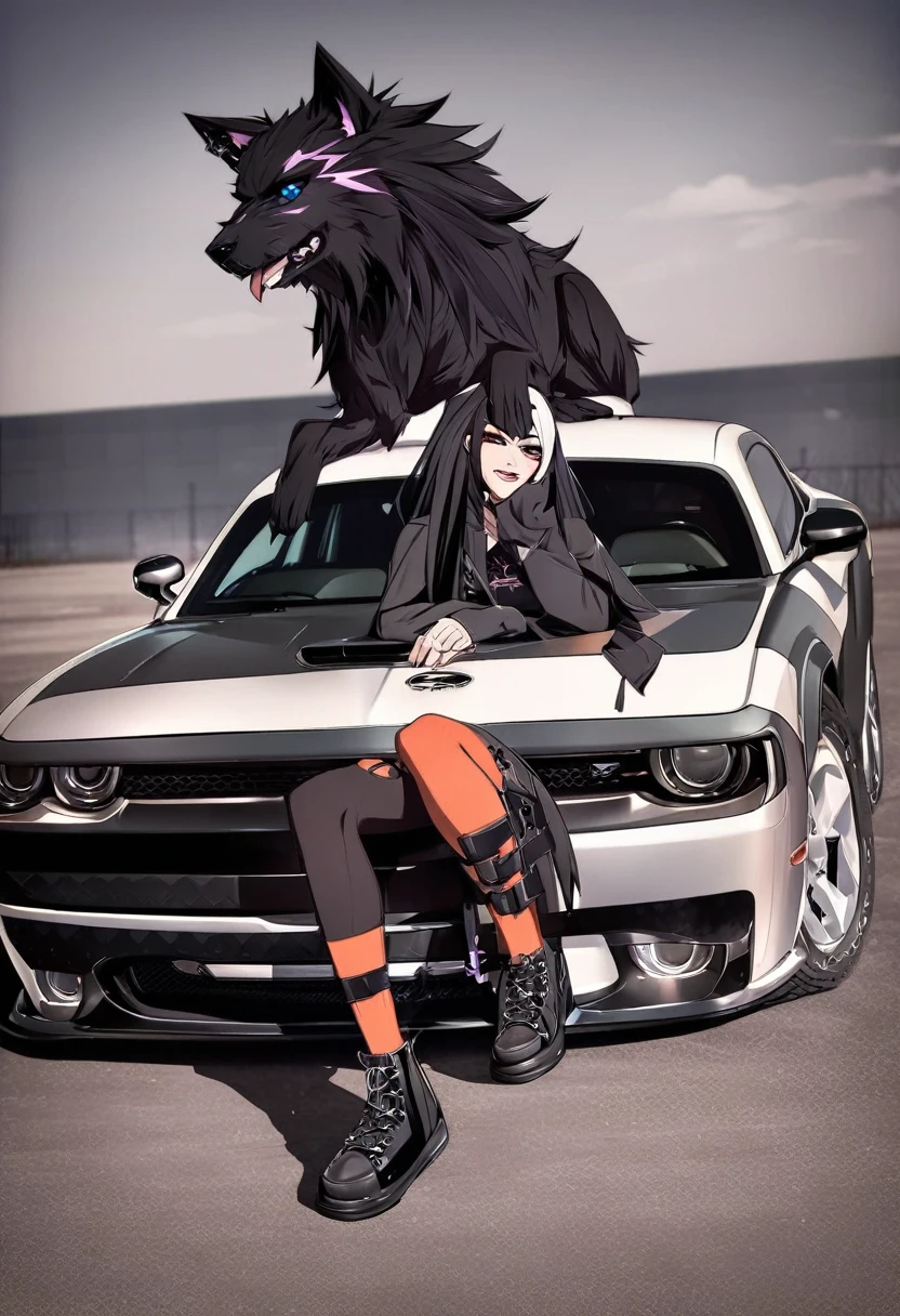 Vtuber hellhound sinder, sitting on the hood of a dodge challenger hellhound