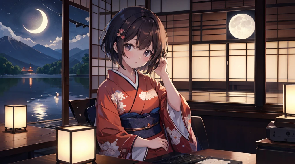 Home, study, night,Girl long brown hair, sleep, machine, computer, warm, Chill, relax, High resolution, Super sharp, 8k, masterpiece, A girl in a kimono sits, Black Short Hair, lake, moon, reflection, Japan