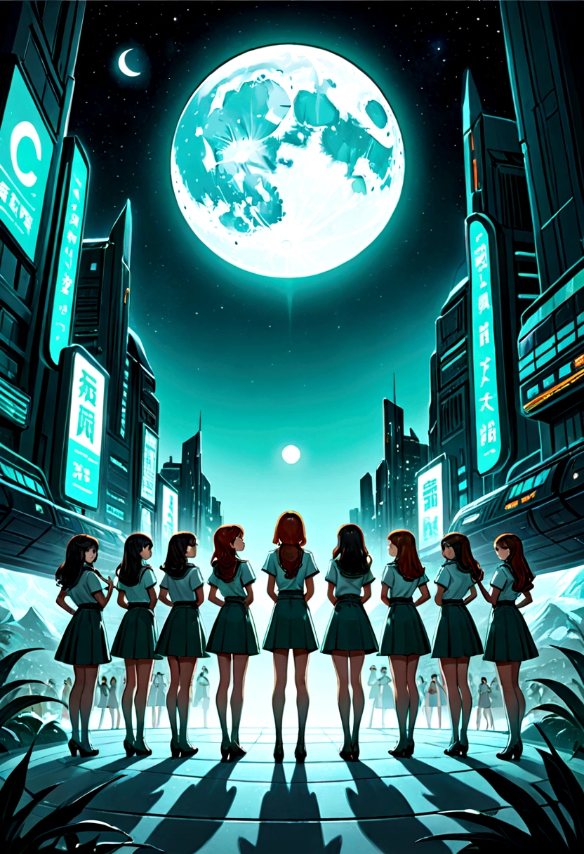 (masterpiece), (best quality), (best detail), (distant general point of view), (edges worn paper),(main color of illustration: jade green), (secondary color: cinnamon), a group of very beautiful schoolgirls with sexy posture, very detailed face, vintage advertising poster with futuristic style letters 60', western futuristic scenery, night (many stars, moon), shading (detailed, much contrast)