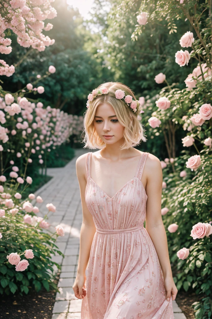 8k, RAW photo, Fujifilm, style photo of a beautiful young woman as avril in a garden of light pink roses (highly detailed skin: 1.2) Style-Petal BREAK short hair, blonde hair with colored locks, wearing a dress, film granulation, 35mm, cute style