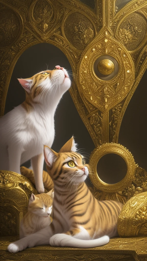 Here is the revised prompt with the addition that the cat is facing forward:

---

"Create a stunning, luxurious wallpaper featuring a majestic cat with a golden fur coat, facing forward. The background should be a rich, golden theme with elegant patterns. The cat should have an air of regality and sophistication. In one of its paws, the cat should gently hold a tiny human, as if the person is a miniature figure. The human should be detailed and lifelike, sitting or standing comfortably in the cat's paw, looking up at the cat with admiration. The overall mood should be whimsical and fantastical, blending elements of luxury and fantasy."

---

This should help in creating the desired image with the cat facing forward.