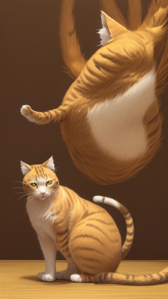 Here is the revised prompt with the addition that the cat is facing forward:

---

"Create a stunning, luxurious wallpaper featuring a majestic cat with a golden fur coat, facing forward. The background should be a rich, golden theme with elegant patterns. The cat should have an air of regality and sophistication. In one of its paws, the cat should gently hold a tiny human, as if the person is a miniature figure. The human should be detailed and lifelike, sitting or standing comfortably in the cat's paw, looking up at the cat with admiration. The overall mood should be whimsical and fantastical, blending elements of luxury and fantasy."

---

This should help in creating the desired image with the cat facing forward.