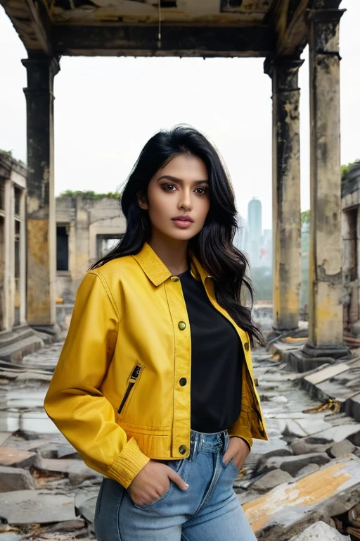 (best quality,4k,8k,highres,masterpiece:1.2),ultra-detailed,(Ultra-realistic, photorealistic,photo-realistic:1.37), RAW Photos, Close-up portrait of a 20-year-old.o One beautiful girl, the most beautiful, alone, Realistic, shirt, Jacket, Indian woman age 32, 32 size, sexy hip, full body, black Hair, yellow Jacket, background is city ruins, (Skin with attention to detail:1.2), 8K Ultra HD, Digital SLR, Soft lighting, high quality, Film Grain, Fujifilm XT3, Highly detailed background
