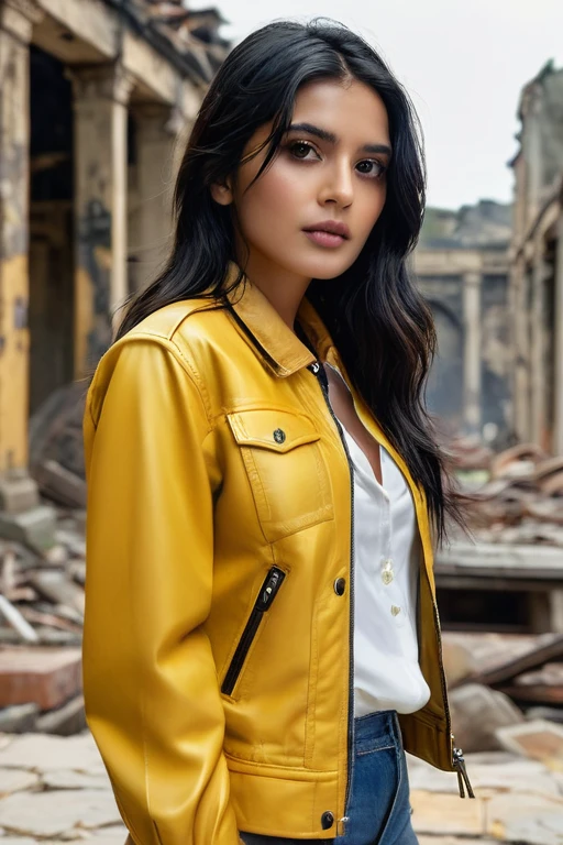 (best quality,4k,8k,highres,masterpiece:1.2),ultra-detailed,(Ultra-realistic, photorealistic,photo-realistic:1.37), RAW Photos, Close-up portrait of a 20-year-old.o One beautiful girl, the most beautiful, alone, Realistic, shirt, Jacket, Indian woman age 32, 32 size, sexy hip, full body, black Hair, yellow Jacket, background is city ruins, (Skin with attention to detail:1.2), 8K Ultra HD, Digital SLR, Soft lighting, high quality, Film Grain, Fujifilm XT3, Highly detailed background
