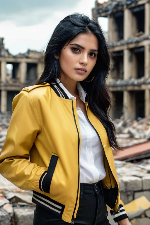 (best quality,4k,8k,highres,masterpiece:1.2),ultra-detailed,(Ultra-realistic, photorealistic,photo-realistic:1.37), RAW Photos, Close-up portrait of a 20-year-old.o One beautiful girl, the most beautiful, alone, Realistic, shirt, Jacket, Indian woman age 32, 32 size, sexy hip, full body, black Hair, yellow Jacket, background is city ruins, (Skin with attention to detail:1.2), 8K Ultra HD, Digital SLR, Soft lighting, high quality, Film Grain, Fujifilm XT3, Highly detailed background
