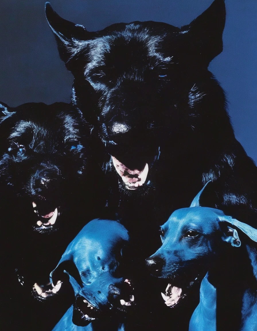 rapper cover album with giant monster black dog with three heads in darkness at night, blue background