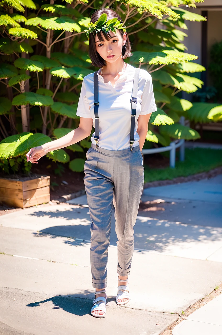 best quality, (photorealistic:1.4), 1girl, (black shirt:1.2), (grey long pants:1.2),(white suspenders:1.4), perfect female figure, full body, from back, white background, short hair, slim