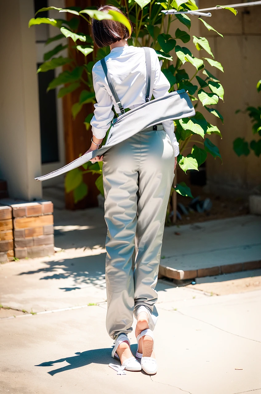 best quality, (photorealistic:1.4), 1girl, (black shirt:1.2),  (grey long pants:1.2),(white suspenders:1.4), perfect female figure, full body, from back, white background, short hair, slim