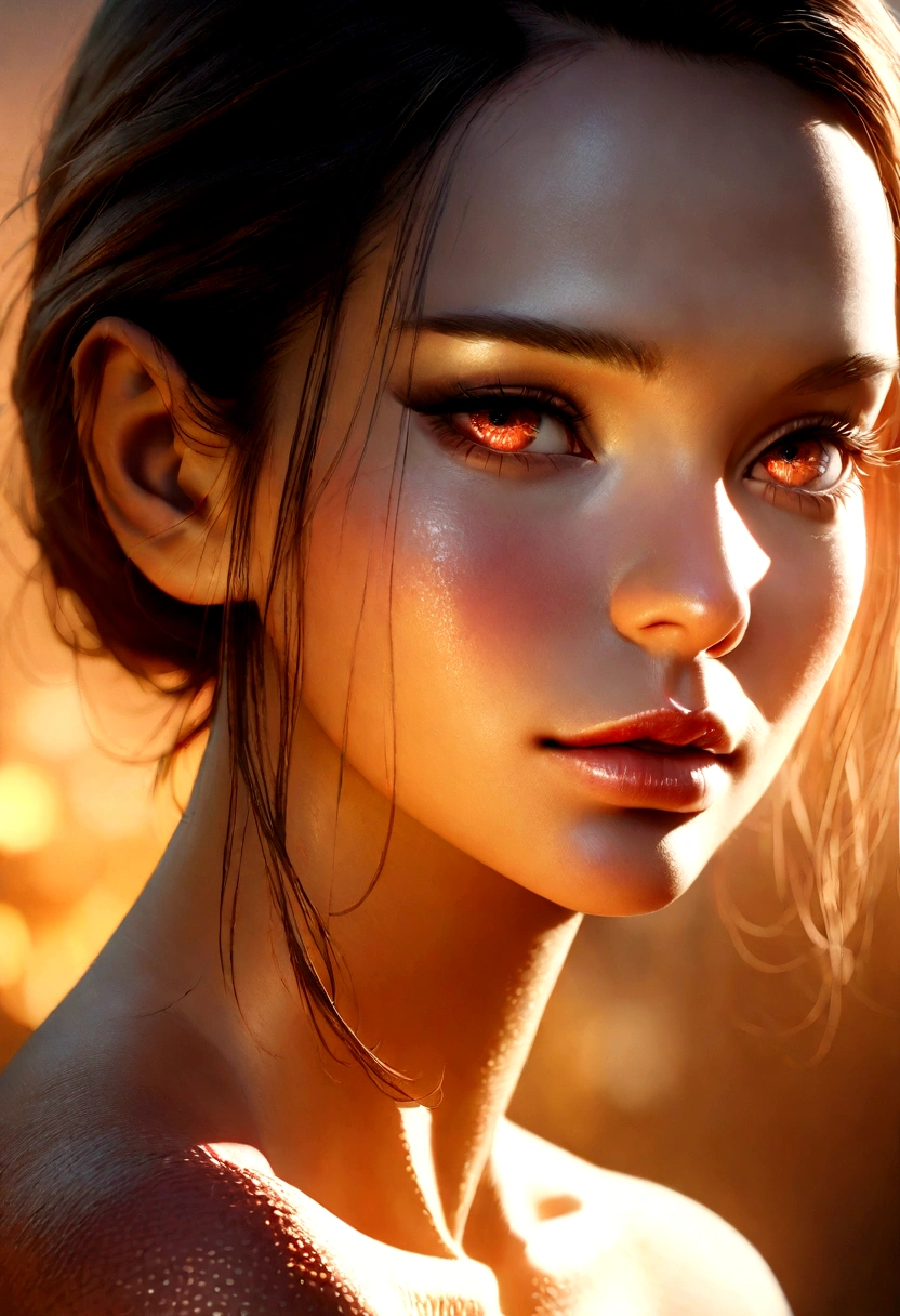 a beautiful intimate portrait of a human, detailed beautiful eyes, detailed beautiful lips, extremely detailed face and skin, long eyelashes, golden hour lighting, cinematic composition, dramatic chiaroscuro lighting, warm color palette, detailed skin texture, smooth skin, glowing skin, depth of field, photorealistic, 8k, best quality, masterpiece