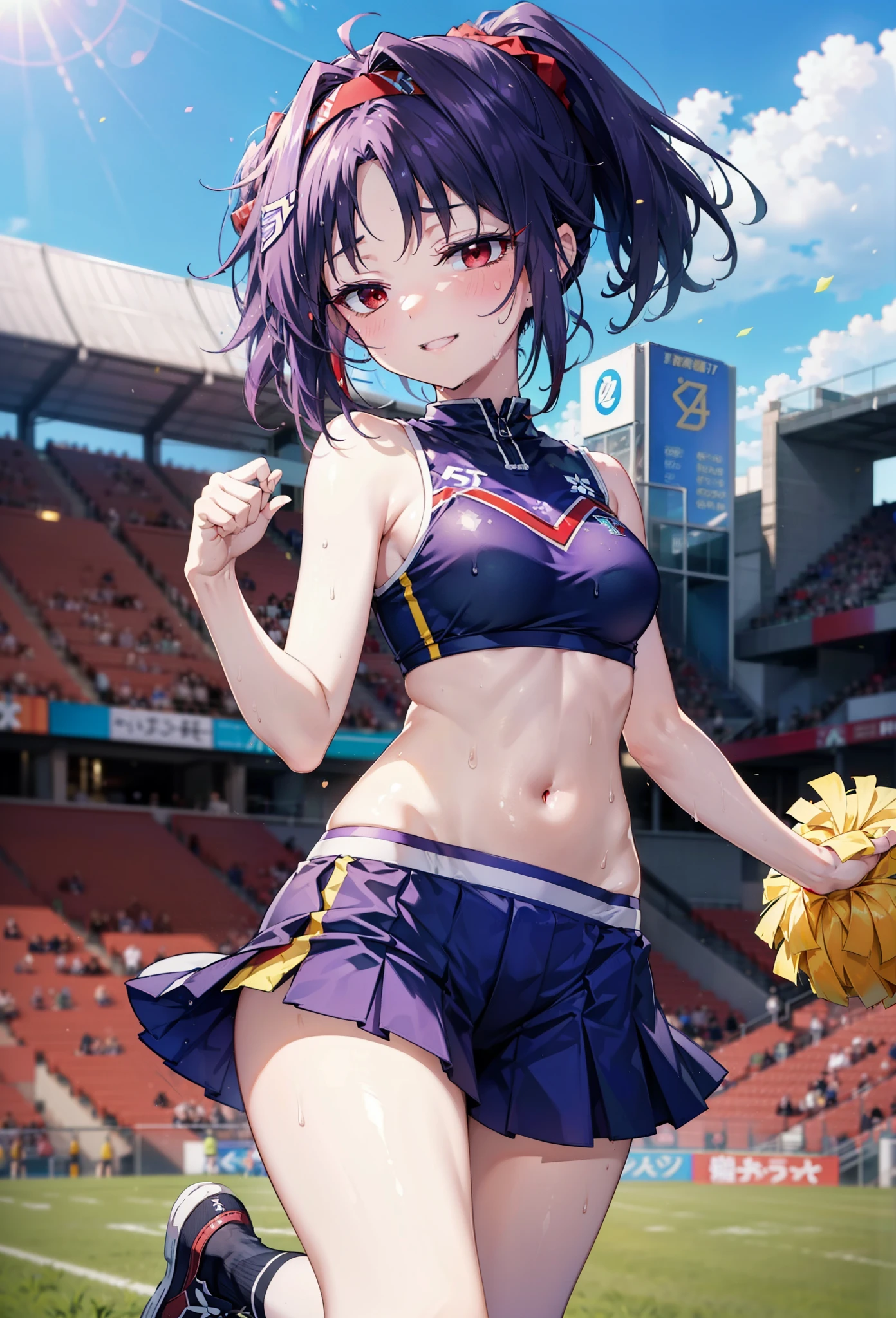 yuukikonno, yuuki konno, hair band, Long Hair, Pointed Ears, Purple Hair, (Red eyes:1.5), (Small breasts:1.2), Open your mouth wide,(Very delicate eyes), (cheer leading), (whole body),smile,blush,Lower, (Sweaty), Sweaty Wet Clothes, (Purple clothes), Pleated skirt,Black socks,sneakers,Belly-baring support, playground, (Jump), (Jump), 足を曲げてJumpする, air, blue sky, Grass原, smile,Cheerleader, Pom-pom \(cheer leading\), Grass, smile,
break looking at viewer, whole body,(Cowboy Shot:1. 5) ,
break outdoors, Stadium,crowd, people々々,
break (masterpiece:1.2), Highest quality, High resolution, unity 8k wallpaper, (figure:0.8), (Beautiful attention to detail:1.6), Highly detailed face, Perfect lighting, Highly detailed CG, (Perfect hands, Perfect Anatomy),