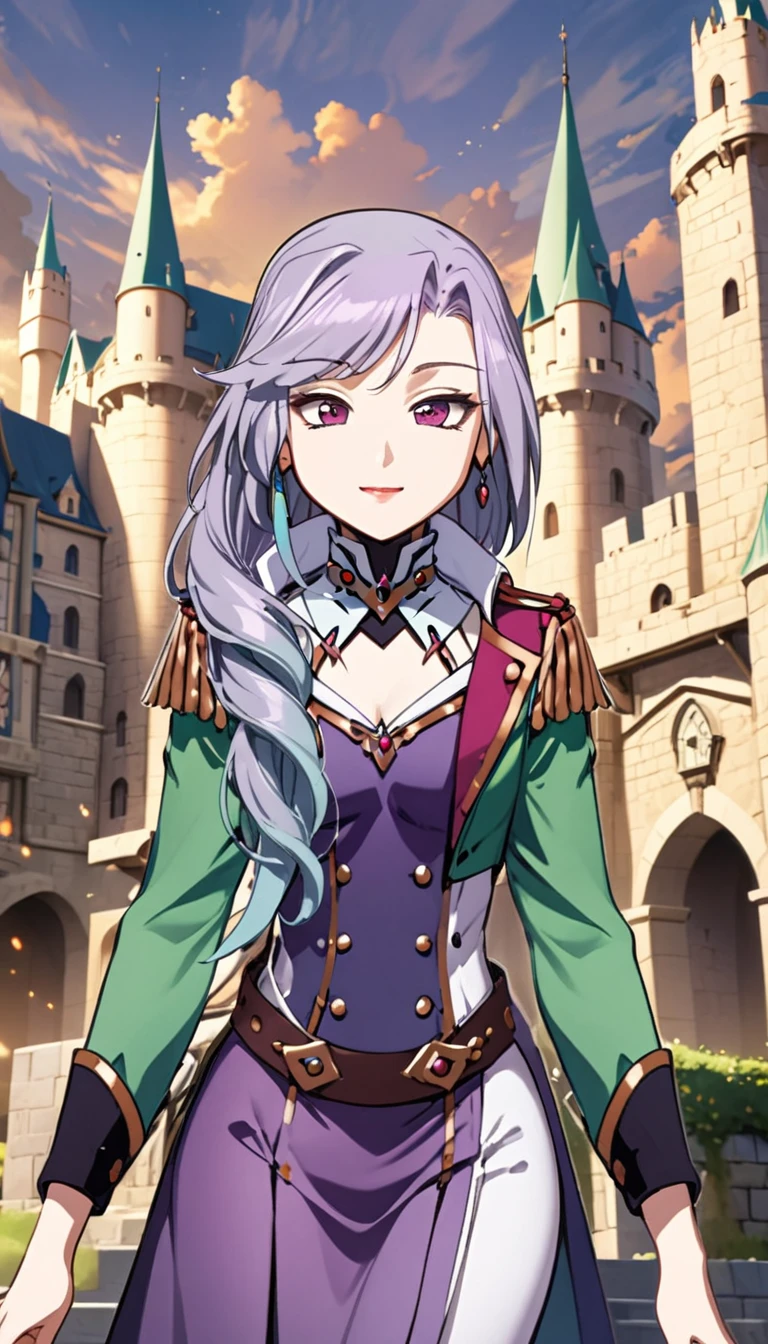 1girl, Sonata, purple hair, castle background