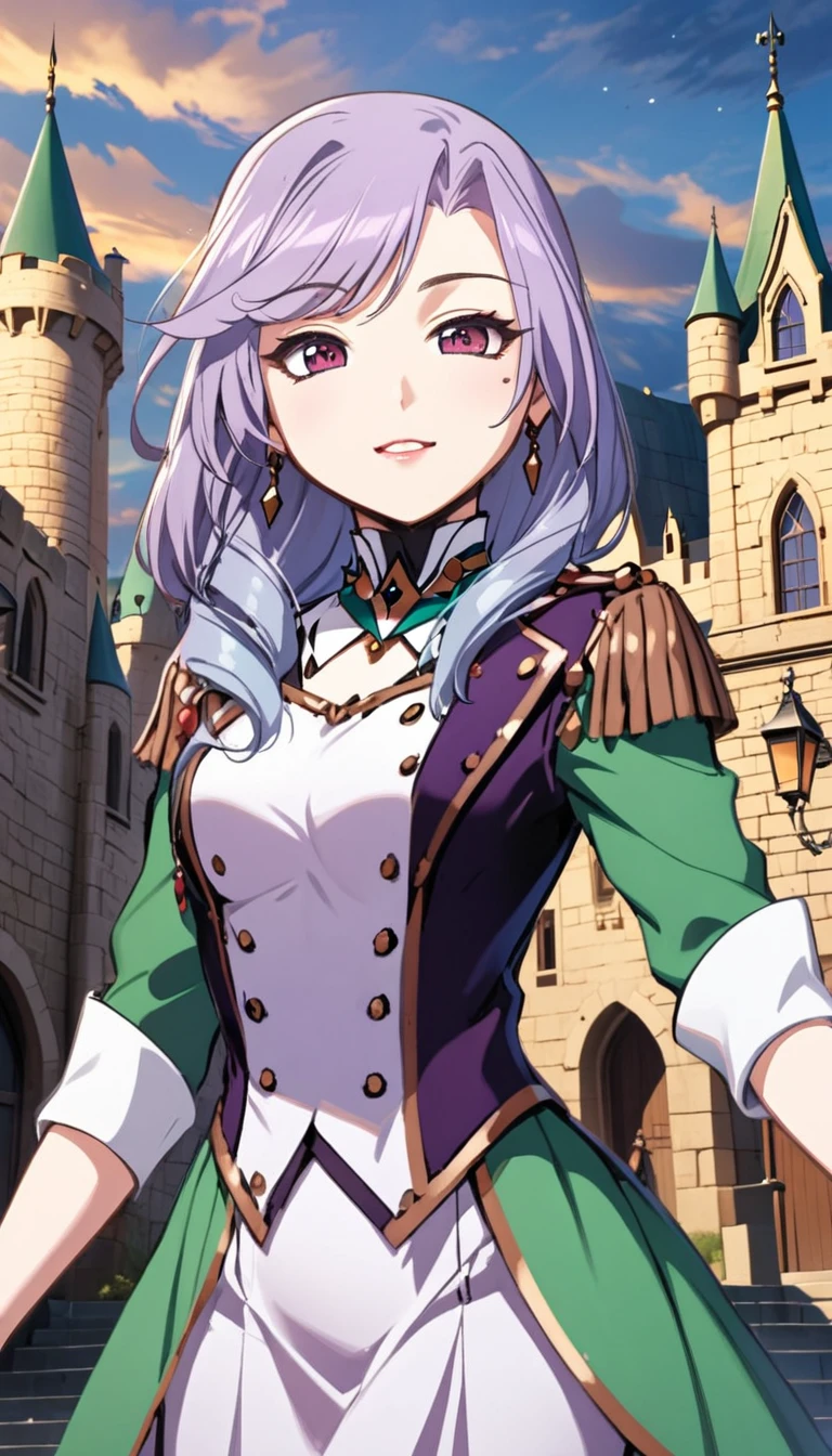 1girl, Sonata, purple hair, castle background