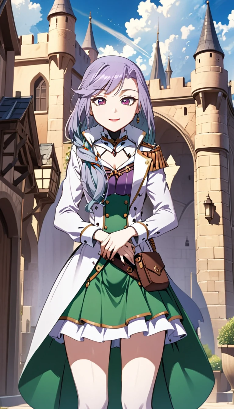 1girl, Sonata, purple hair, castle background