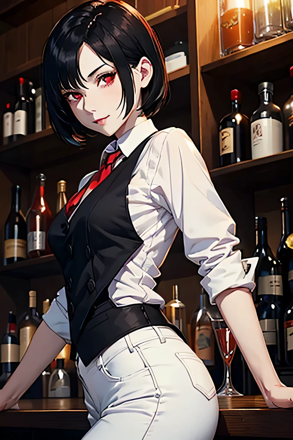 Female bartender, short black hair, pale skin, light red eyes. A sinister smile Wear a white shirt over a black vest. Black pants, small bust