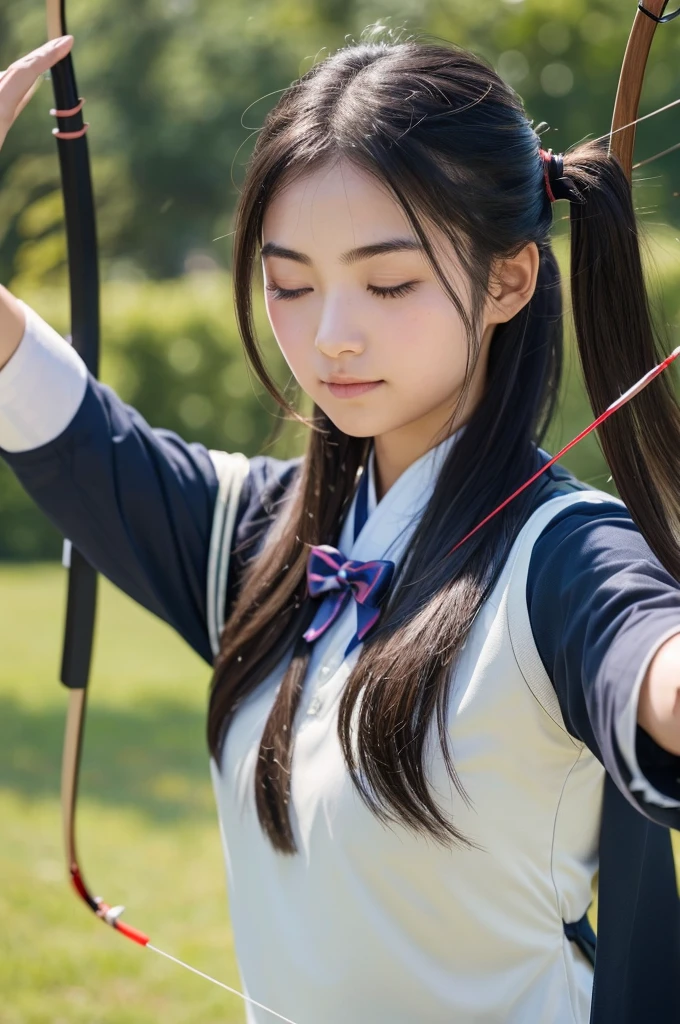 A close-up shot of a beautiful girl practicing archery, capturing the exact moment she draws her bow and releases an arrow。
The girl is wearing a kyudo uniform。
Her hair is jet black and long.。Crisp eyebrows。Eyes are round and large、One eye closed。