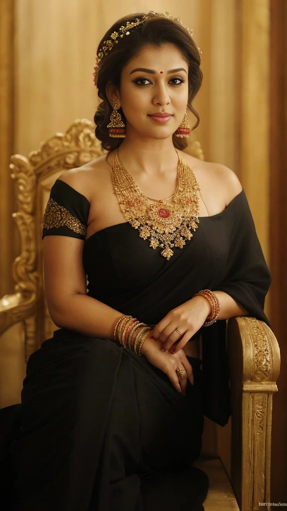 close up photo of nayanthara, hourglass figure, swooping breasts, deep cleavage, sitting royal pose on throne in temple, seductive eyes, sultry, French braid hair, black saree, necklace, (cinematic:1.3), intricate details, (ArtStation:1.2).arafed woman in a sari and necklace with a flower garland, peredvishniki, inspired by T. K. Padmini, dressed in a sari, sf, indian goddess of wealth, sari, by T. K. Padmini, india, indian goddess, ritu kumar, hrd, by artist, a still of a happy, high level, official