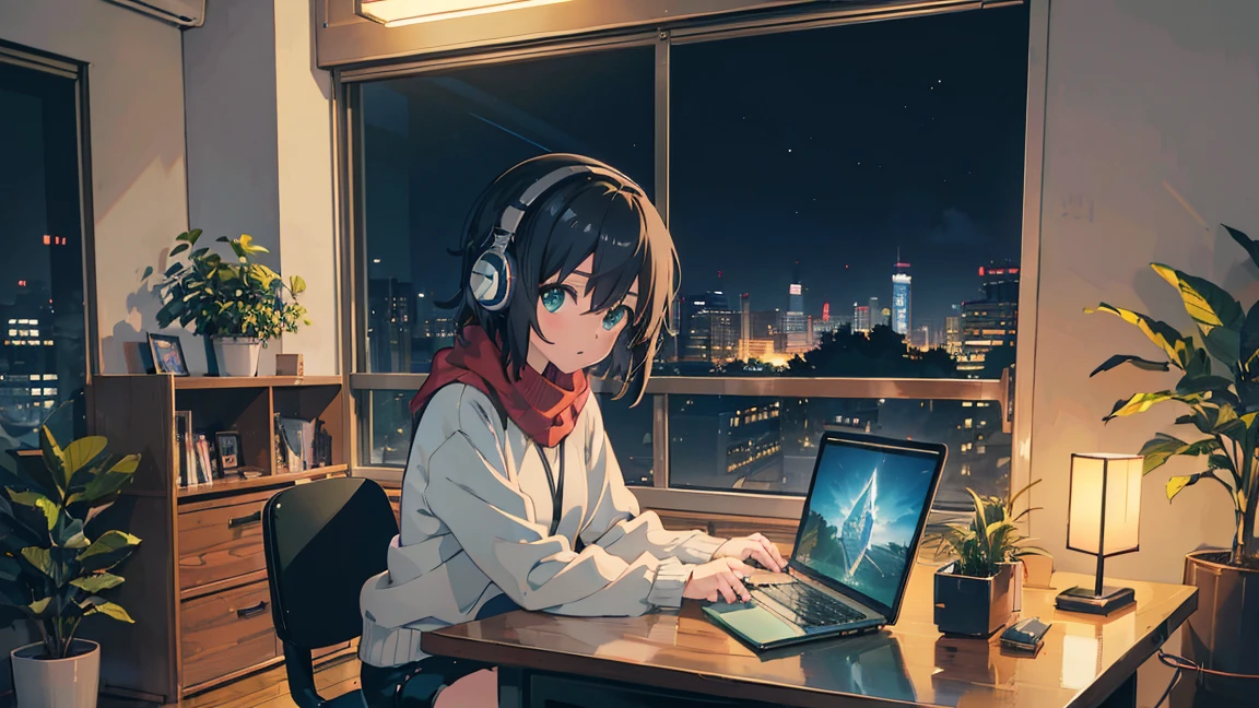 ((Highest quality)), ((masterpiece)), ((Ultra-high resolution)), ((Very detailed)), (Anime girl sitting at a desk with a laptop and headphones), (Light Green Sweater), (Black shorts), (Red scarf with black stripes), (Black Hair), (avert your eyes:1.4), Cute eyes, Potted plants, Book, Bookhelf, Book, Bookhelf, night, digital Anime illustration, Keyframe illustration, Gwaites style artwork, makoto shinkai&#39;Art Style, Portrait of Roffey, Digital anime art, makoto shinkai style, lo-fi girl, (Sit at a desk and type on a keyboard), Anime style illustrations, ロフィArt Style, Anime illustration