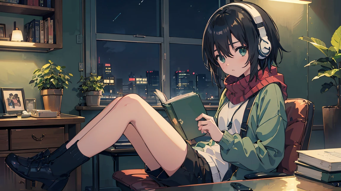 ((Highest quality)), ((masterpiece)), ((Ultra-high resolution)), ((Very detailed)), (Anime girl sitting at a desk with a laptop and headphones), (Light Green Sweater), (Black shorts), (Red scarf with black stripes), (Black Hair), (avert your eyes:1.4), Cute eyes, Potted plants, Book, Bookhelf, Book, Bookhelf, night, digital Anime illustration, Keyframe illustration, Gwaites style artwork, makoto shinkai&#39;Art Style, Portrait of Roffey, Digital anime art, makoto shinkai style, lo-fi girl, (Sit at a desk and type on a keyboard), Anime style illustrations, ロフィArt Style, Anime illustration