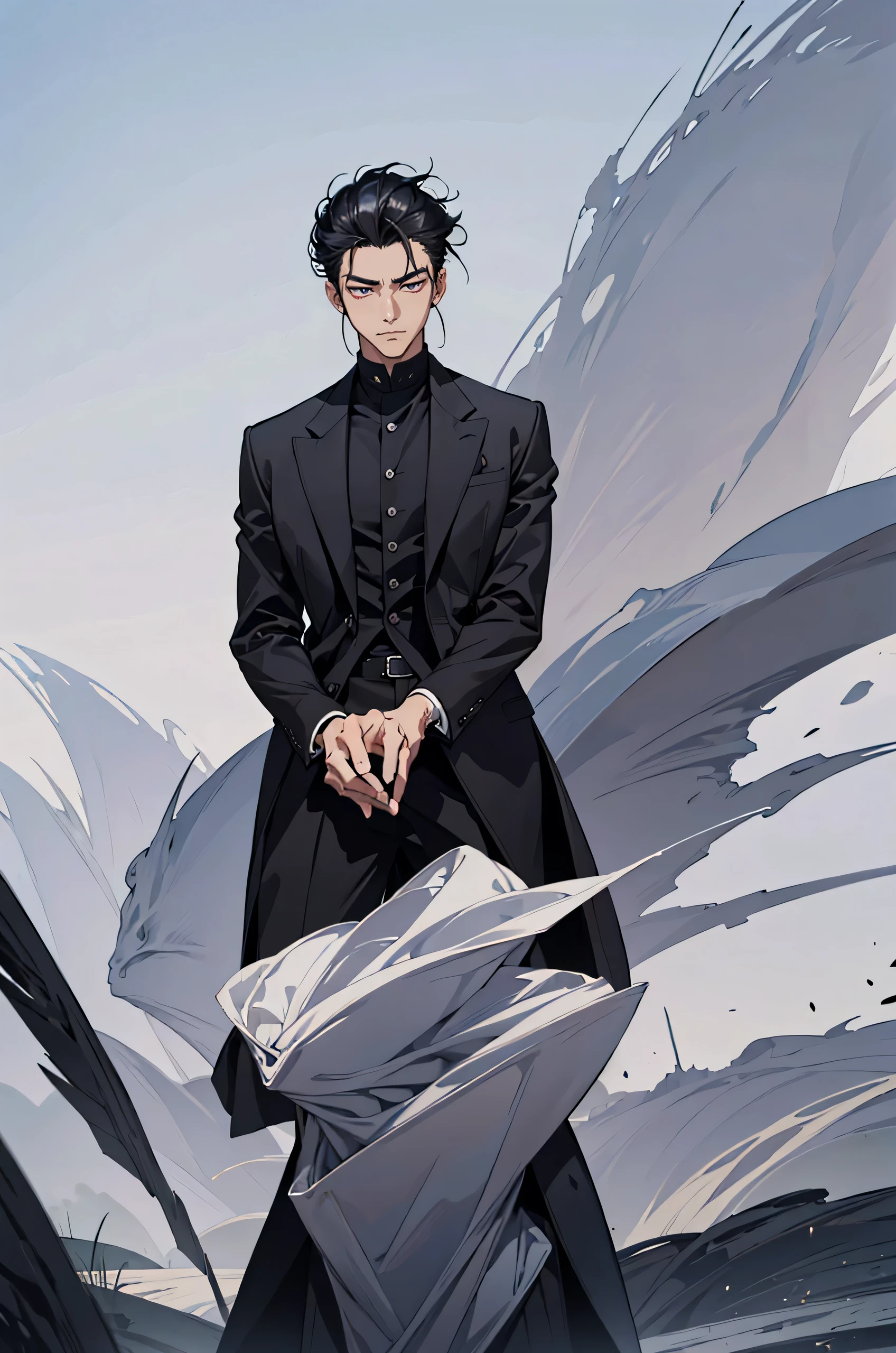 A 25 yeard old mysterious asian man who exudes powerful black aura, wearing jacket. with slightly tousled hair and a sharp gaze. His eyes looked dark, adding to the mysterious and authoritative impression he exuded. 